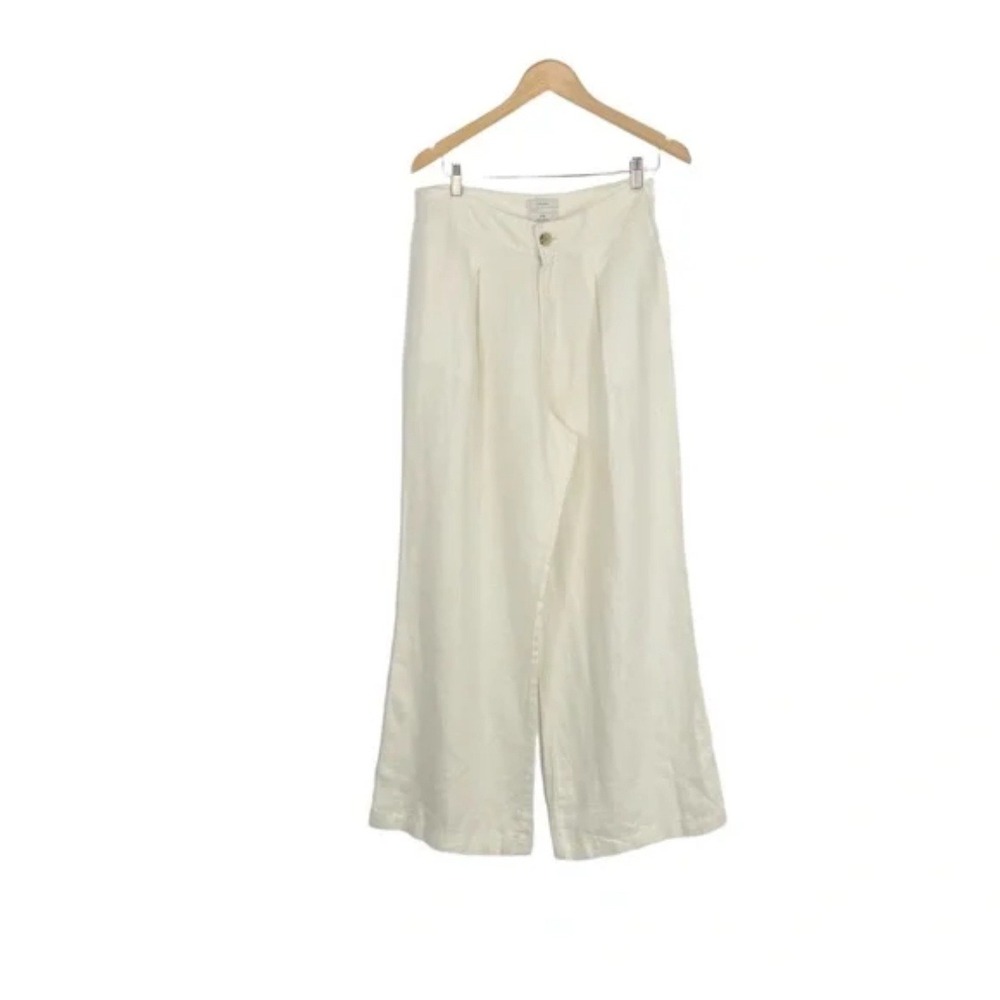 HALSTON Wide Leg Linen‎ Blend Cream Pants Women's Size S Pleated High Waist